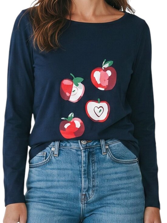 Loft Outlet Tops - LOFT Outlet Navy Long Sleeve Shirt with 4 Red Modern Design Apples - Size Small